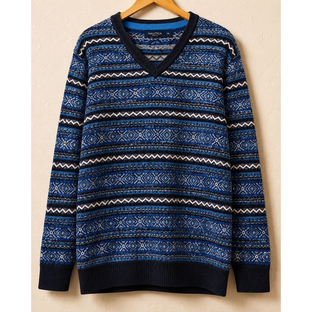 Nautica Fair Isle Sweater Mens XL Blue Nordic V Neck Grandpa Ski Preppy Knit